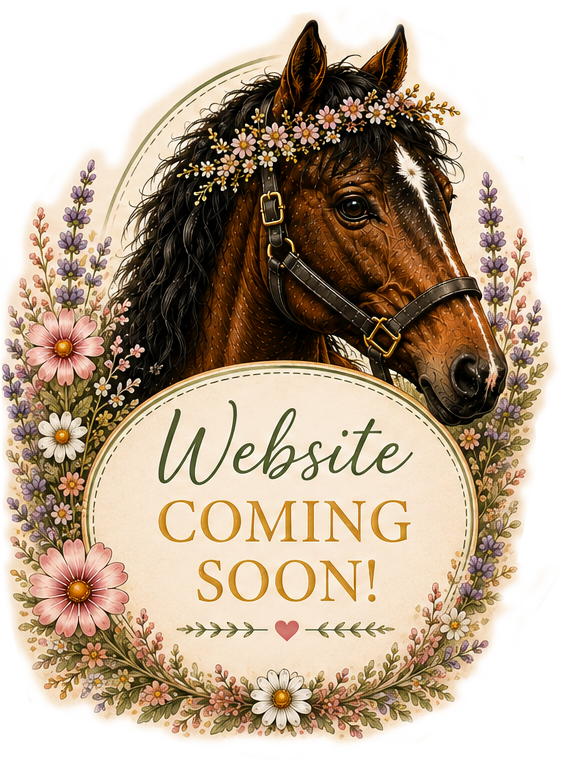 A flower-crowned horse beside a Website Coming Soon announcement